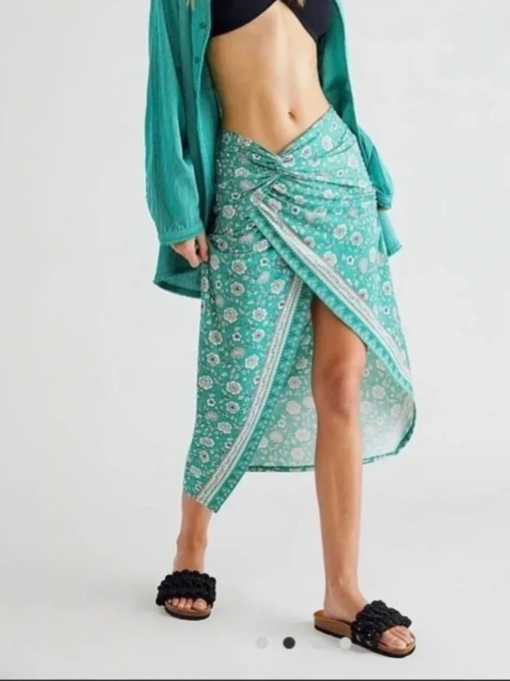 Free People Teal Green Floral Wrap Swim Sarong